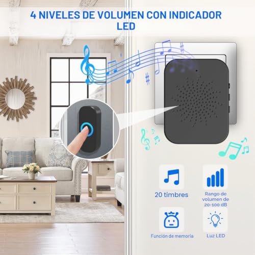 Miniatura 5 de Amfun Timbre Inalámbrico, Negro Enchufable Timbre, Timbre Inalámbrico Exterior, 20 Melodías Ajustables, 4 Niveles De Volumen, Doorbell Indicador Led, Para El Hogar Oficina, Hotel, Emergencia