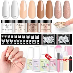 SAVILAND Dip Powder Nail Kit Starter with Nail Tips - 4 Colors with French Tips & Keratin Formula, Brown Nude Clear Dipping Powder No U V Lamp Needed for Home Manicure (10ml x4 Dip Liquids + Tools)