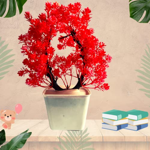 Image of Artificial Red Plant Set for Decoration with Pot Combo of 2PCs Artificial Forest Bonsai Plant with Plastic Pot for Home Decoration Office Table Greenery Room Home Decor Plants 25Cm plastic plants / Fake Plants(Design4)