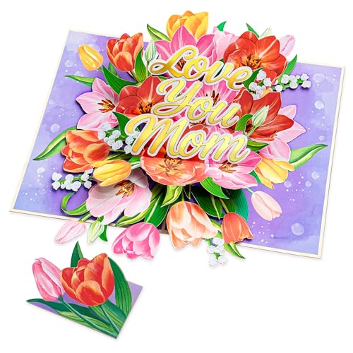 Image of POPWOW Floral Love You Mom Tulip Pop Up Card, 3D Popup Greeting Card, Gift For Mothers Day, Birthday, Valentines Day, Mother, Stepmom, Mother in Law, 5x7 - Includes Envelope And Message Note