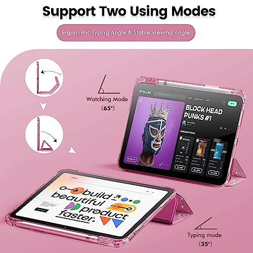 INFILAND Compatible with iPad A16 11th Generation 11 Inch 2025 Case, iPad Case 10th Generation 10.9 Inch, Glitter Cute Cover with Sparkly Clear Back, Pencil Holder, for Kids Girls Woman (Rose Pink)