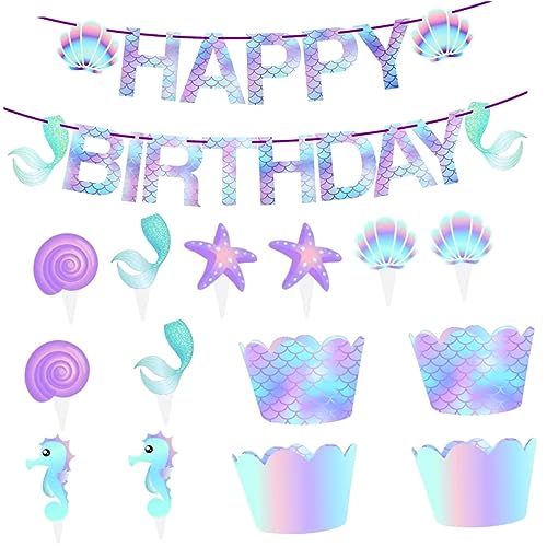 KICHOUSE 51 Piezas Borde del pastel de sirena inserciones de pastel de sirena adornos de postre Toppers decoracion marinera adornos de sirena decoraciones de pastel de sirena papel