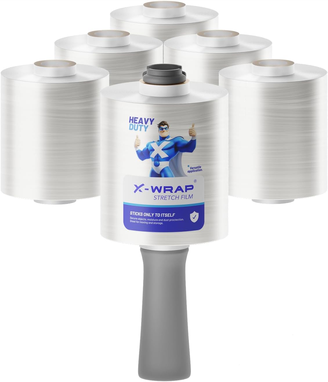 X-Wrap Mini Stretch Wrap with Handle — 4" x 800ft Shrink Wrap Roll, Stretch Film 80 Gauge- Plastic Wrap Moving Furniture, Packing, Storage, Sticks Only to Itself- 6 Rolls + Rotary Handles