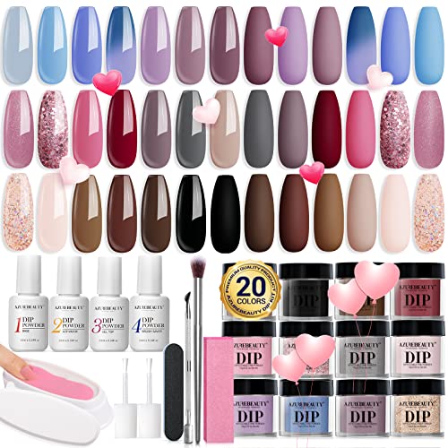 AZUREBEAUTY 31 Pcs Dip Powder Nail Kit Starter Set, Classic Pink Purple Blue 20 Colors Acrylic Dipping Powder Liquid Set with Base/Top Coat for French Nails Art Manicure DIY Salon Women Beginner Valentine's Gift