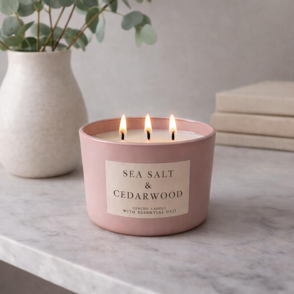 Vela perfumada de 3 mechas Sea Salt & Cedarwood - Sal marina y madera de cedro - Maceta decorativa rosa polvoreada - Cera de calidad - 35 horas - Ø 13 cm, H 8 cm - 330 g - Ambiente natural