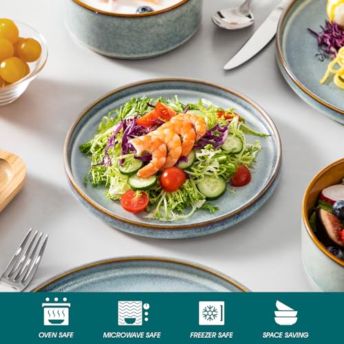 Image of vancasso ONION Ceramic Plates and Bowls Sets, 12 Pieces Light Blue Dinnerware Sets for Kitchen, Reactive Glaze Dishes Set for 4, Dishwasher and Microwave Safe