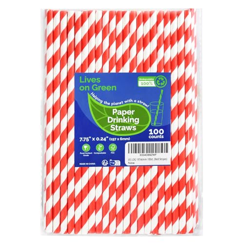 Lives on Green Disposable 7.75 inch Red White Striped Paper Straws Biodegradable 100 Counts - for Drinking, Cocktail, Decoration, Party, Crafts