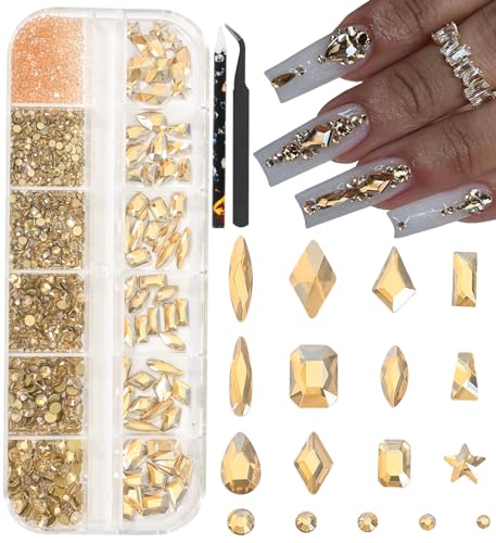 HNUIX Champagne Gold Nail Rhinestones Kit Flatback Nail Charms Glass Gems Stones 1450Pcs Nail Art Gems Diamonds Jewels Multi Shapes Sizes Nail Charms Tweezer & Wax Pen for Nails DIY Faces Eyes Makeup
