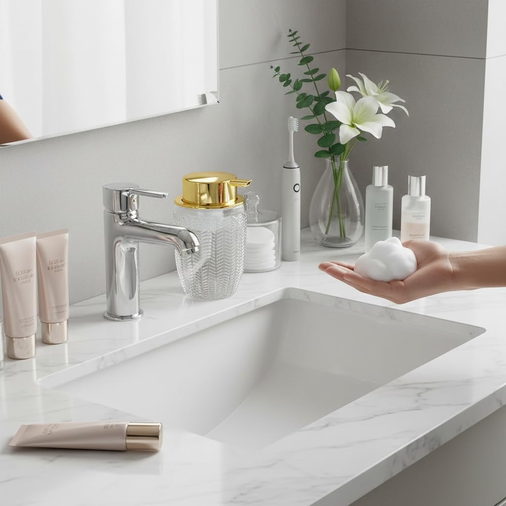 Schaumseifenspender, Glasschaum-Handseifenspender mit Pumpe, 284 ml, Badezimmer, nachfüllbar, flüssige Lotion, Pumpe, cremiger Schaumflaschenbehälter für Küche, Arbeitsplatte, Dekor (1