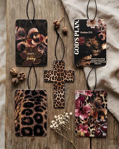 Image of Leopard Print 5pcs Car Air Freshener Corss Christian Cheetah Print Car Accessories Automotive Interior Hanging Scents Mirror Decor for Women Teen Girls