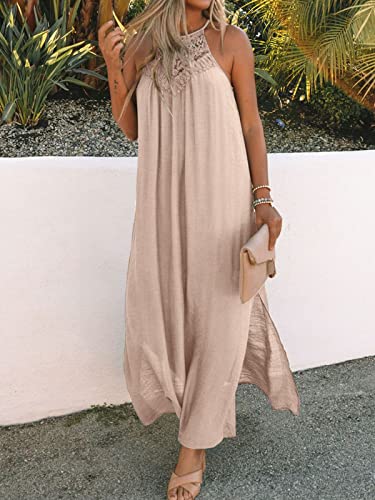 Image of FARORO Sleeveless Long Dress for Women Boho Halter Maxi Sundress Casual Loose Dresses Split Cover Up Gown with Pockets