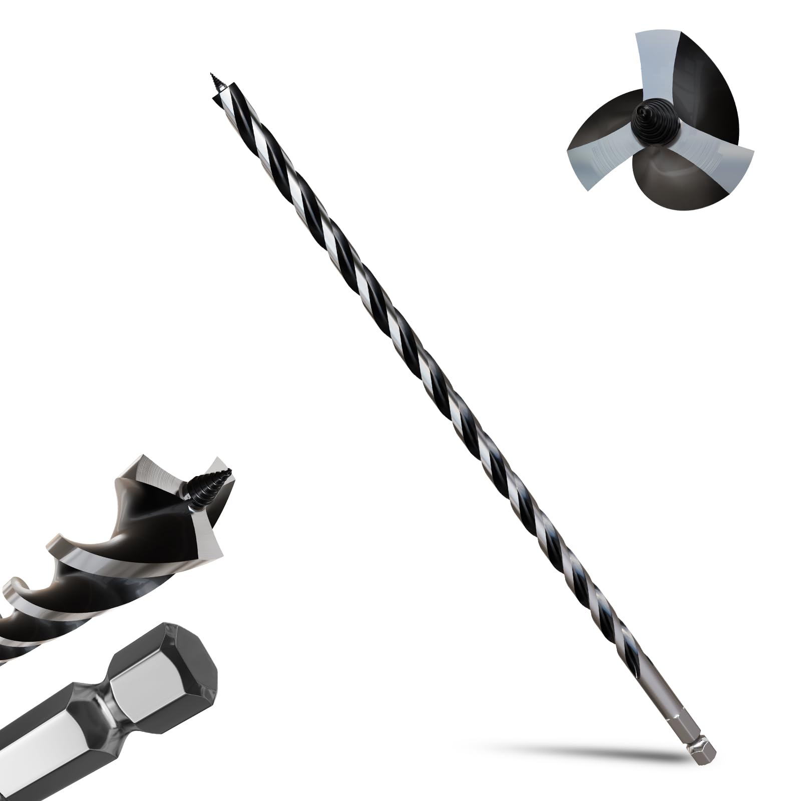 METOTY 16mmx460mm Auger Drill Bit Extra Long Drill Bits,12mm Hex Shank for Wood with Quick Change - 3-Cutter Design with Dual-Flute for Fast Chip Removal, Fits Hardwood, Softwood, PVC, Drywall — image 1