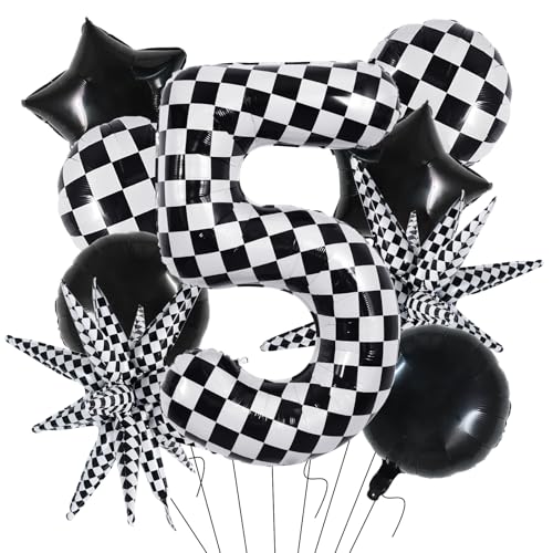 Image of TONIFUL 5th Birthday Balloons Kit 40 Inch Checkered Number 5 Foil Balloon