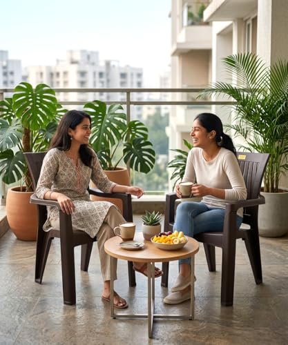 Image of Patiofy Plastic Chair Set of 2 for Home & Outdoor Use | Heavy Duty Comfortable Chair with Strong Legs | Stackable, Easy to Clean | Suitable for Living Room, Balcony (Pack of 2-Rolex | Brown)