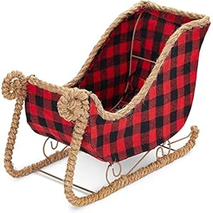 Small Santa Claus Christmas Sleigh Decoration, Red Buffalo Plaid Table Centerpiece for Holiday Decor (11 x 5 x 7.8 in)