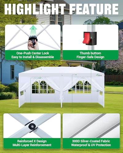Image of Acepic 10x20 Pop Up Canopy,2 Central Lock Easy Set up Commercial Tent Outdoor Party Tent，6 Removable Sidewalls, Stakes x12, Ropes x6, Hand Bag x1，Sandbags x4 (White, 10 * 20)