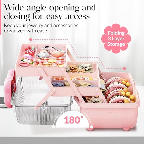 Image of Pink Tool Box, Plastic Storage Box,Folding3LAYERS,Bead Organizers and Storage /Art & Crafts /Sewing Supplies Organizer /Medicine Box /Family First Aid,with 2 Trays,Kids Tool Box, Mini Tool Box