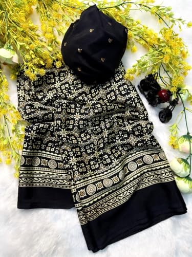 Image of SATIKA VASTRAM Modal Silk Ajrakh Saree Bandhani Design Crepe Printed Designer Pallu Attach Blouse Piece