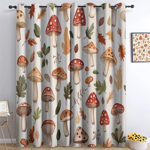 Cortinas Opacas Patrón De Hojas De Hongo Impresión 3D Salon Dormitorio Decoración De La Ventana, Beige Cortinas Ollaos, Aislantes Frio Y Calo 2 Piezas 75An X 166Al Cm