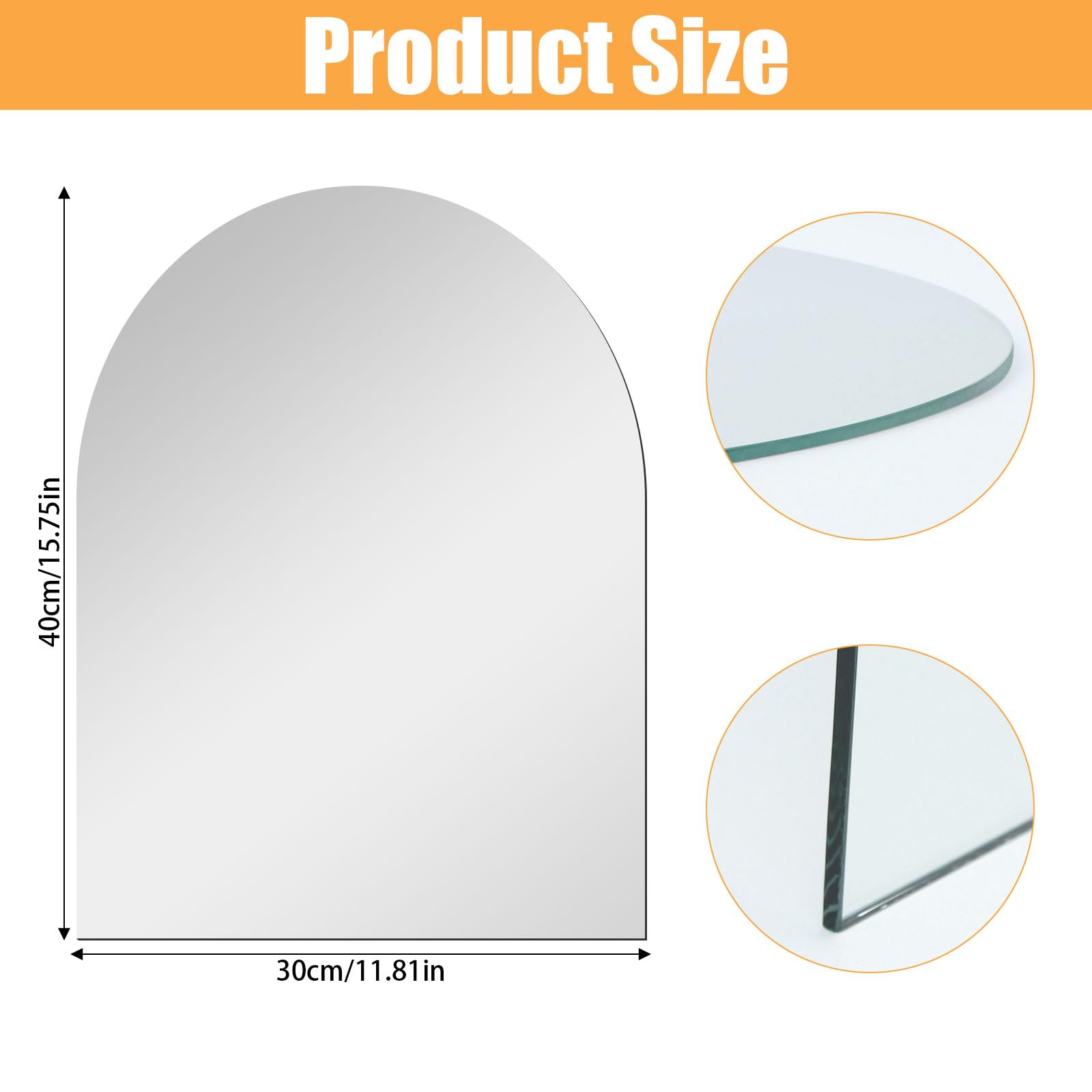 2 Specchi Parete Adesivi Arco 30x30cm – Vetro HD Senza Cornice Per Bagno, Soggiorno, Camera
