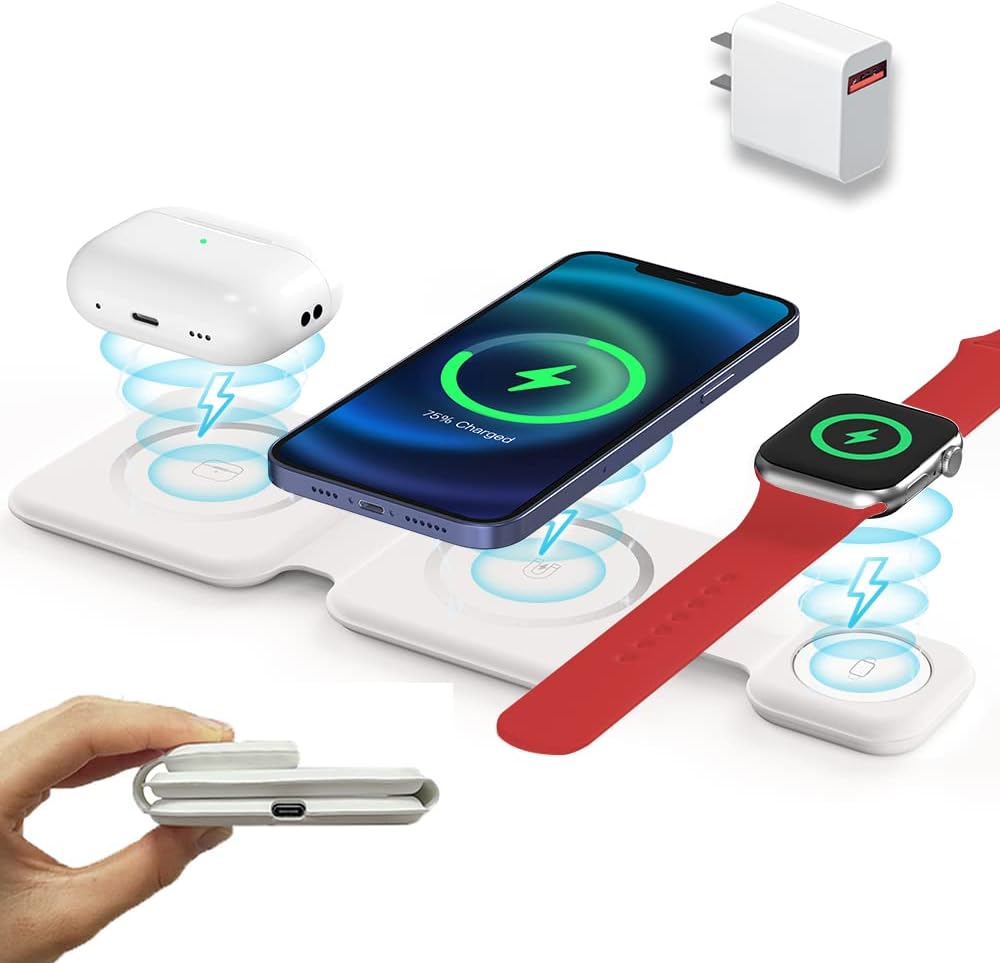 Foldable 3 in 1 Wireless Charger for iPhone, Magnetic 3 in 1 Fast Charging Station Travel Charger for Magsafe for iPhone 15/14/13 /Pro/Pro Max/12/11/X/Xr/XS/8, for AirPods, Apple Watch, Samsung, Pixel