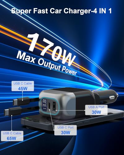 Image of 170W Dual USB C Retractable Car Charger, 4-in-1 Fast Charging Car Adapter | Super Fast Charging for MacBook Pro, iPhone 17 /16 /15, Samsung, iPad Pro & AirPods, Ideal Car Accessory Gift for Men and Women