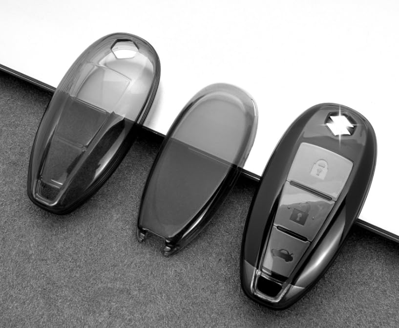 Image of Car Key Cover for Maruti Suzuki Baleno, Ciaz, Swift, Brezza, Ignis, S-Cross & Toyota Urban Cruiser | TPU Shell for 3 Button Smart Remote Key | Transparent Black