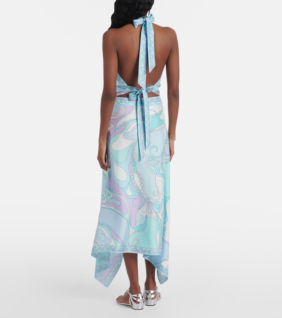 Sexy Two Piece Skirt Set for Women Printed Satin Halter Tops and Irregular Maxi Skirts Vacation Outfits