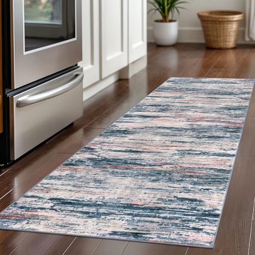 2x5 Teal Blue Peach Gray Multi Modern Abstract Runner Rug for Hallway, Super Soft Hallways Decor Kitchen Rugs with Non-Slip, Non-Shedding Washable Rug for Entryway Bedroom Laundry Indoor