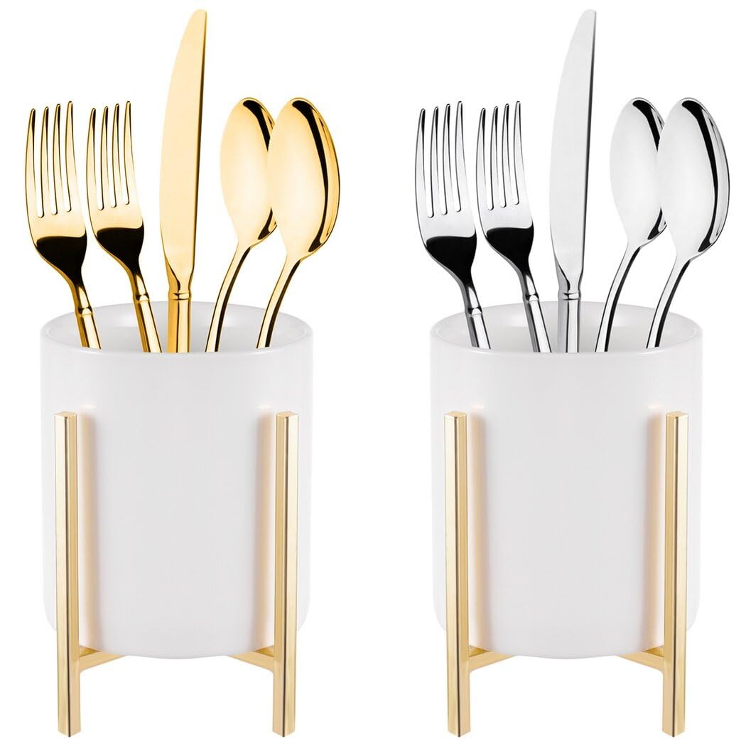 Stabile Utensilienhalter aus Keramik mit Halterung, Metall, goldfarben, Besteck, robuster Behälter, rund, für Arbeitsplatte, Organizer, Besteck, Schreibtisch für Küche, Weiß, 2 Stück