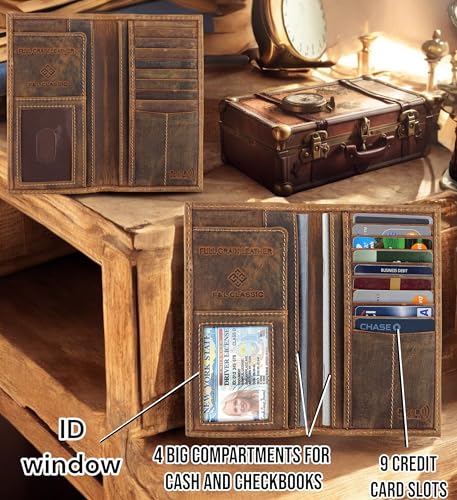 Image of F&L CLASSIC Men's RFID Vintage Look Genuine Leather Long Bifold Wallet Checkbook Wallets,brown flag,240-100