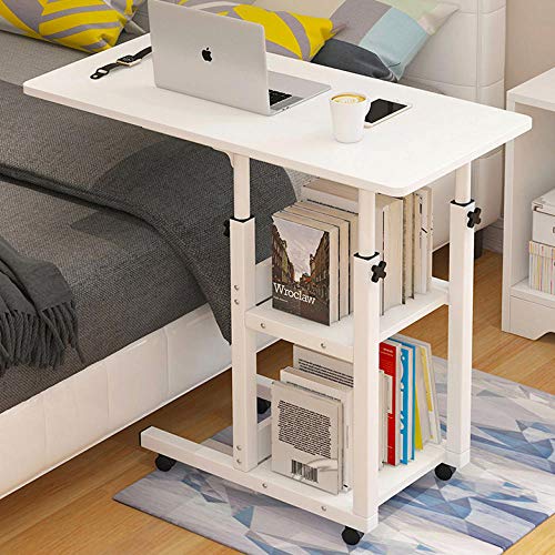 Eisenrahmen Nachtkästchen mit White Density Board,Höhenverstellbar, Abschließbare Rollen,Laptop Tisch Bett für Das Home Office