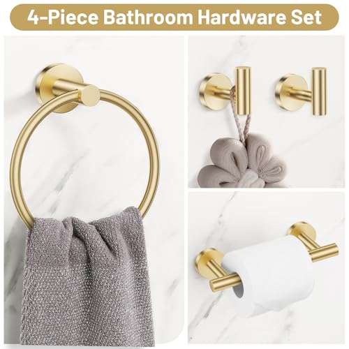 Lairuier Brushed Gold Towel Holder Set Include Double Bases Toilet Paper Holder,Towel Ring and 2 Towel Hooks Stainless Steel Wall Mounted Bathroom Hardware Accessories Set - Thumbnail 2
