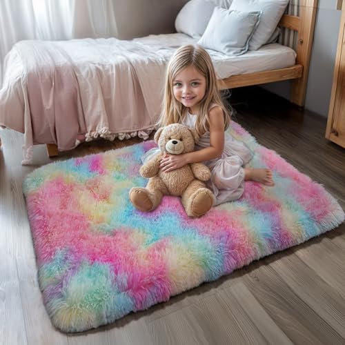 Rainbow Rug for Girls Bedroom, 2x3 Fluffy Area for Kids Playroom, Furry Carpet for Nursery, Shaggy for Teen Living Room, Thick Fuzzy Plush for Dorm, Cute Room Decor for Baby