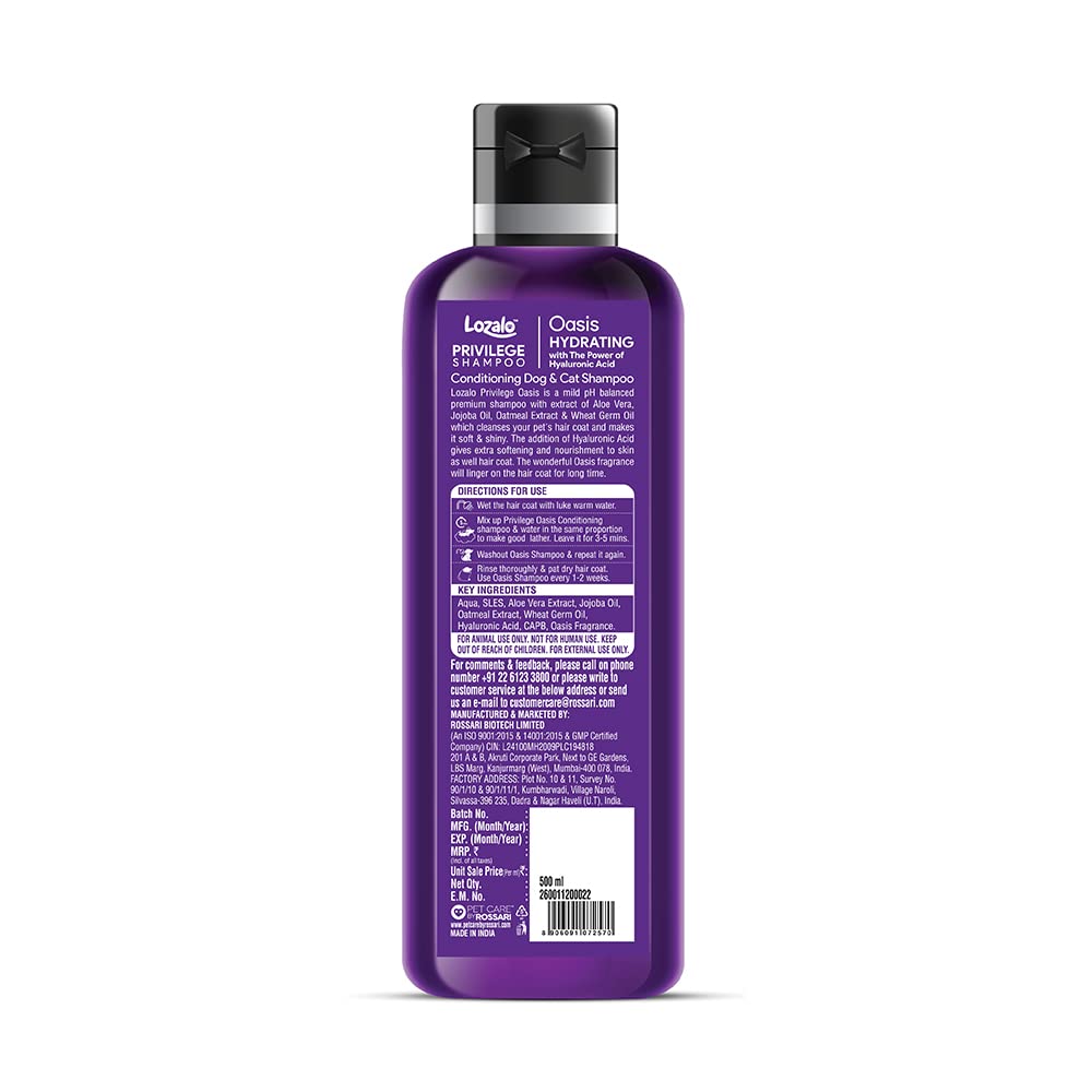 Lozalo Privilege Pet Conditioning Shampoo - 500 Milliliter, Oasis | Hydrating Shampoo with Hyaluronic Acid Coat Cleansing, Paraben Free for Dogs and Cats 1