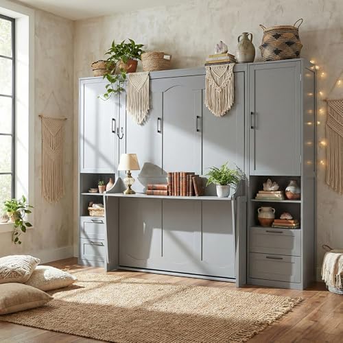 Image of Merax Queen Size Murphy Bed with Desk, Multifunctional Foldable Wall Bed with Closet, Drawers and Shelves, Space-Saving Wood Platform Bed Frame for Small Spaces Studio Study Office Guest Room, Gray