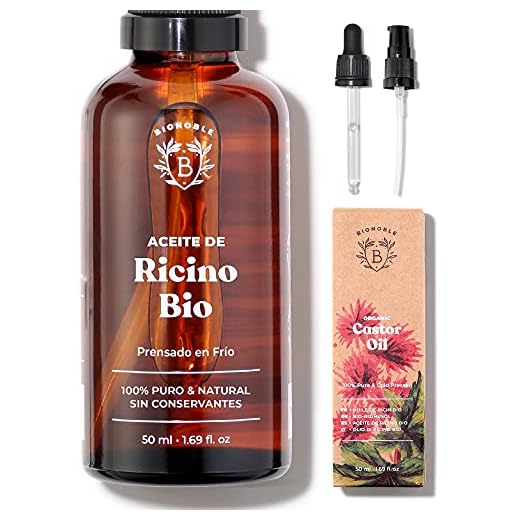 Bionoble Aceite de Ricino Orgánico 50ml - 100% Puro y Prensado en Frío - Pestañas, Cejas, Cuerpo, Cabello, Barba, Uñas - Vegano y Cruelty Free - Castor Oil - Botella de Vidrio + Pipeta + Bomba