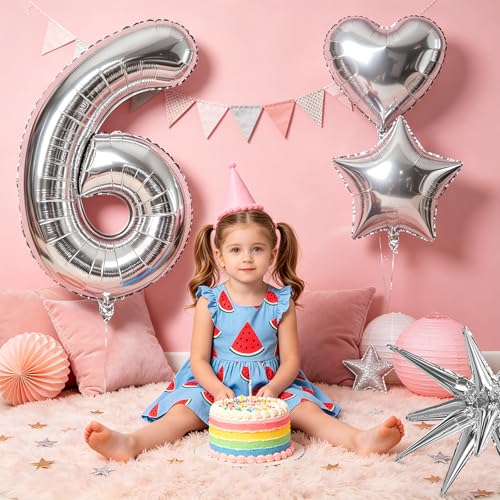 Image of TONIFUL 6th Birthday Balloons Kit 40Inch Silver Large Number 6 Foil Balloon | with 18Inch Helium Mylar Heart Star Balloons for Kids Women Men Birthday Anniversary Graduation New Year Eve Party Decoration