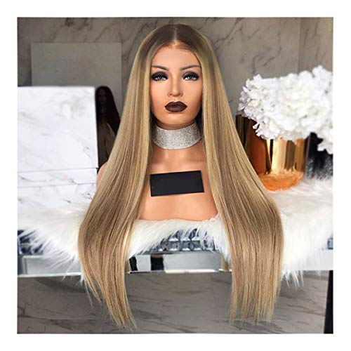 Synthetic Wig,Dark Rooted Blonde Ombre Middle Part Straight Natural Looking Long Synthetic Hair, Heat Resistant Full Wig for Women,27.5in