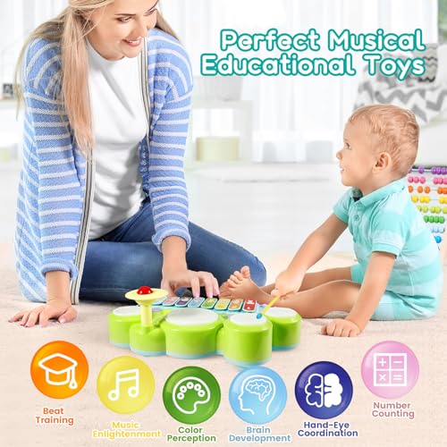 Ohuhu Y26-80300-05 Kids Drum Set For Toddlers: Ohuhu 5 In 1 Baby Musical Instruments Musical Toys Children Drum Kit Xylophone Microphone Piano Early Educational Learning Toy thumb #6