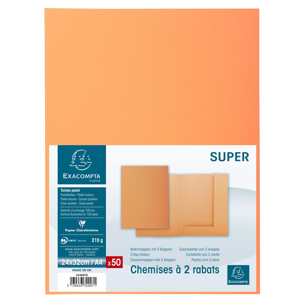 Exacompta - Art.-Nr. 332007E – Karton mit 5 Packungen mit je 50 Schnellhefter mit 2 Klappen SUPER 210 g/m² – Pastellfarben – PEFC-zertifizierte Mappen – Maße: 24 x 32 cm für DIN A4 – Farbe Orange