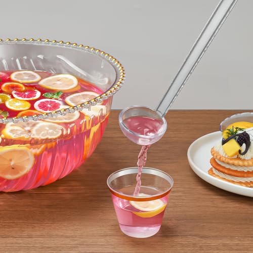 NiHome Large Plastic Punch Bowl with Ladle, Tongs and 25 Gold-Rimmed Cups for Wedding, Birthday, BBQ, Baby Shower, Holiday, 1.7 Gallon Reusable Clear Party Bowl Set for Drinks, Salads, Snacks & More - Image 4