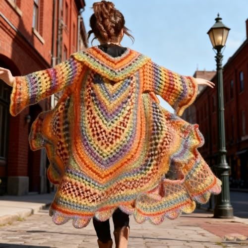 Explcior Bohemian Hippie Style Rainbow Hooded Long Cardigan, Handcrafted Crochet Colorful Ruffle Hem Boho Jacket Oversized – vue 2