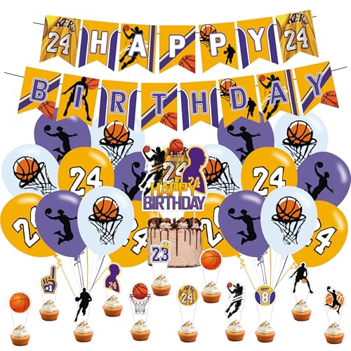 24 Basketball Birthday Party Supplies Party Decorations Set Include Banner Balloons Cake Cupcake Toppers for Boys Girls Theme Basketball Party.