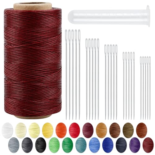 Leather Upholstery Sewing Waxed Thread: PLANTIONAL 218 Yards 210D Wax String Set with 25 Large Eye Hand Sewing Needles, Heavy Duty Sewing Kit for Car Sofa Leather Repair Craft