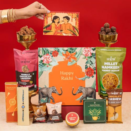 Jumbo Happy Rakhi Gift Hamper - 10-Item Raksha Bandhan Gift for Brother – Dry-Fruit Chocolate Laddoos, Chocolate Cashews, Evil Eye Rakhi with Roli-Chawal, Millet Namkeen & more | Premium Gift Hamper Combo Set