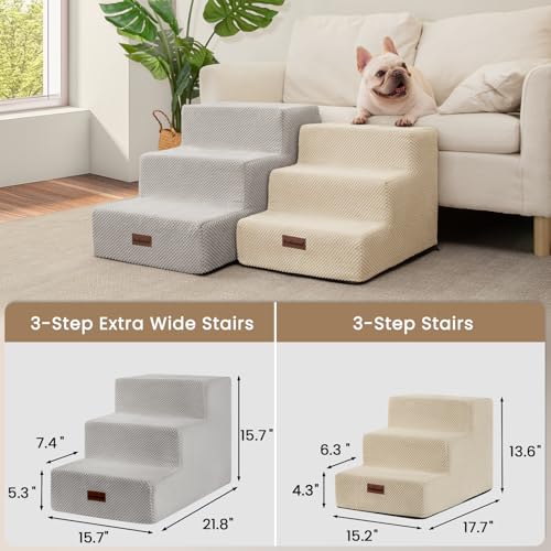 Image of Aodisman Dog Stairs for Small Dogs,Wider 3-Step Pet Steps for Couch & Bed | High-Density Foam Dog Steps,Anti-Slip Bottom,Easy for Puppies,Older Cats & Dogs to Reach Sofas & Chairs,Light Grey,15.7 inch H