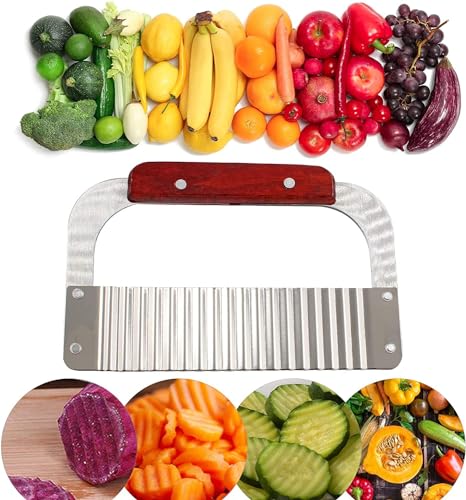 Image of Crinkle Chopper Cutter Knife, Stainless Steel Crinkle Cuting Knife Vegetable, Stainless Steel Blade Wooden Handle Serrator Chopping Knife Wavy Potato Soap Cutting Tool (Pack - 1)