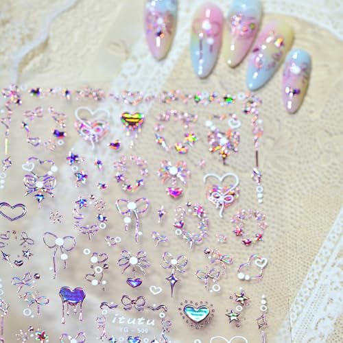 Image of Valentine's Nail Stickers Heart Nail Art Stickers Romantic Rose Gold with Bow Design Pink Nails Decals 5D Embossed Self Adhesive Nails Charms Supply for Women Manicure DIY Decoration
