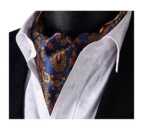 Elfeves Men's Blue Orange Floral 100% Silk Cravat Ties Jacquard Woven Ascot
